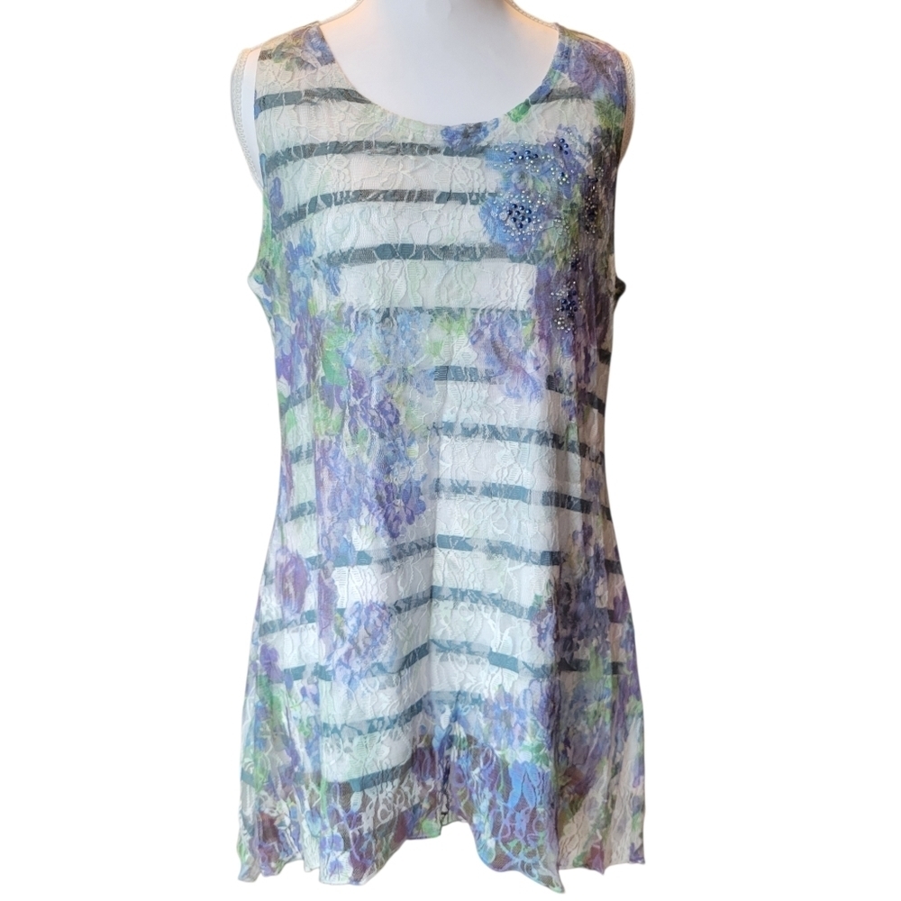Brittany Black Blue White Lace Floral Embellished Sleeveless Tunic Blouse Top